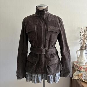 Brown suede leather jacket with high collar